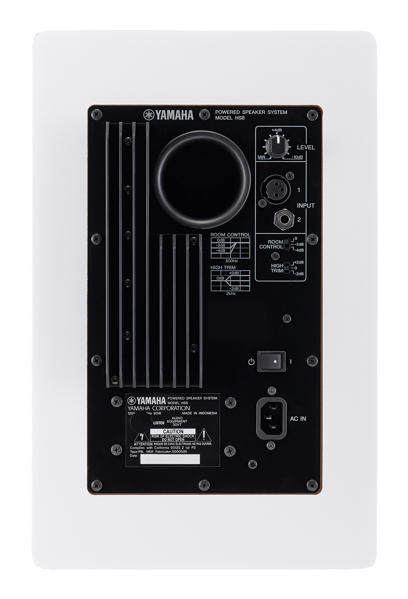 Image of the rear of the Yamaha HS8W studio monitor.
