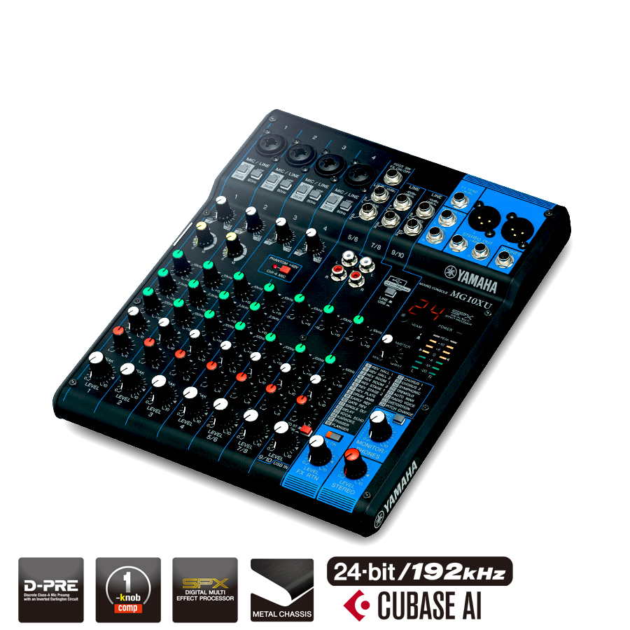 Image of the Yamaha MG10XU mixer shown at an angle.