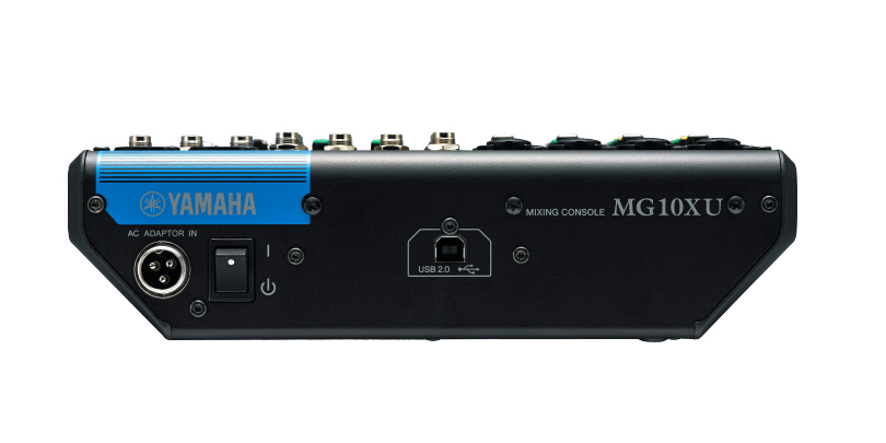 Image of the Yamaha MG10XU mixer shown from the rear.